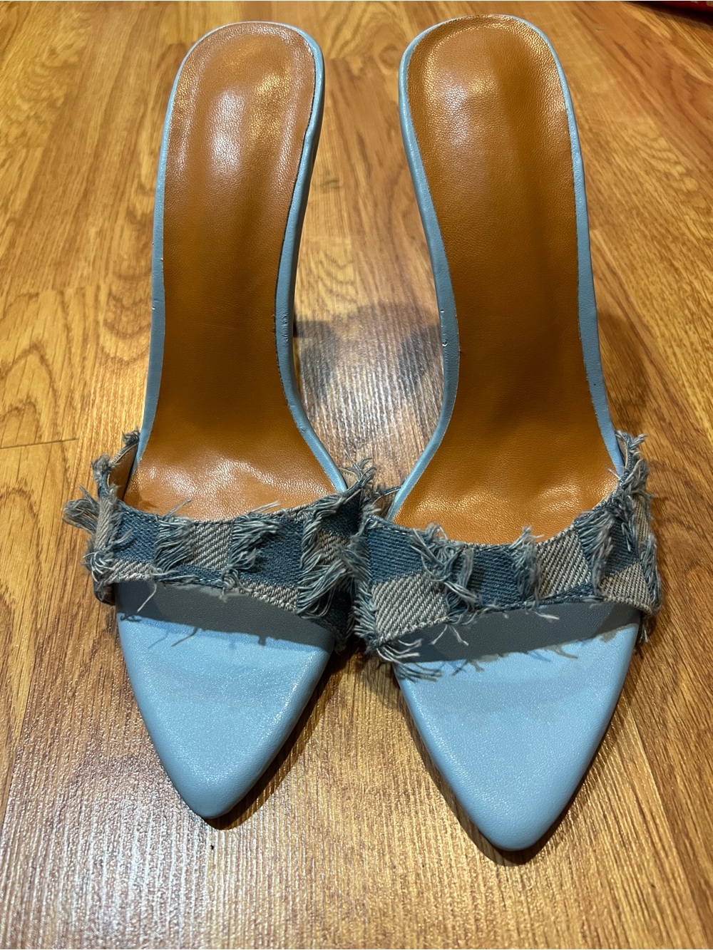 Frayed Denim Strap Pointed Toe Mules in Light Blue